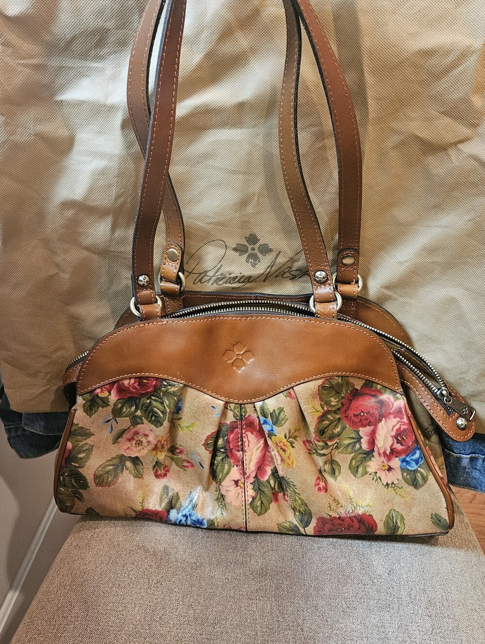 Patricia Nadh Floral  Shoulder Bag with Brown Leather Trim